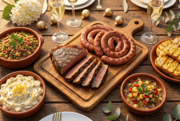 Mesa de churrasco de ano novo com farofa, maionese, vinagrete e pão de alho ao lado de carnes grelhadas.