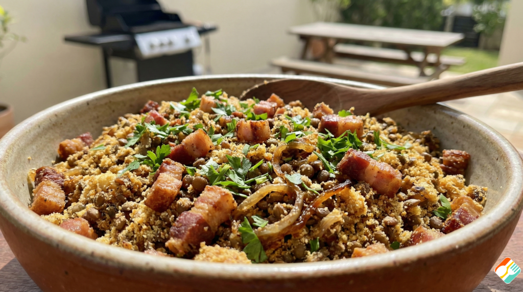 Tigela com farofa de lentilha e bacon, um dos principais acompanhamentos para churrasco de ano novo.