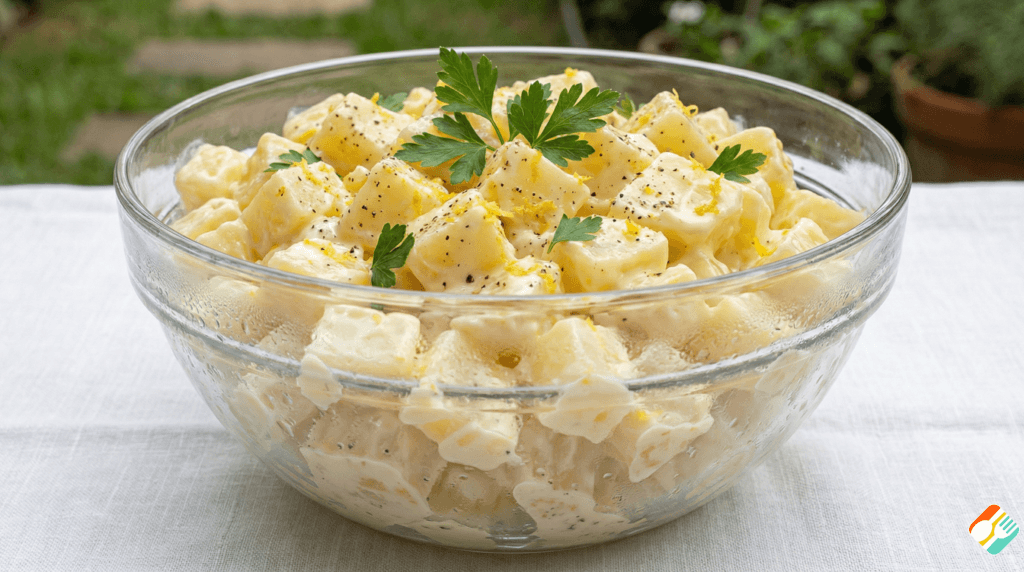 Maionese de batata cremosa com toque cítrico, ideal como acompanhamento para churrasco de ano novo.