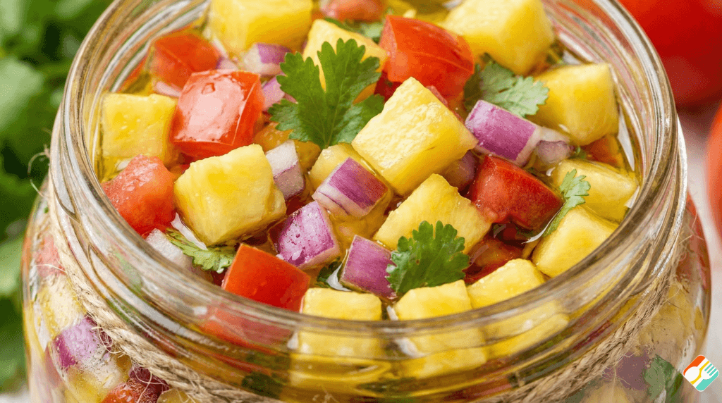 Vinagrete de abacaxi colorido e refrescante, uma opção moderna de acompanhamentos para churrasco de ano novo.