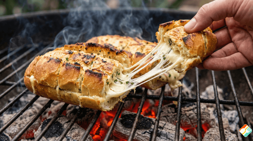 Pão de alho com queijo coalho derretido na churrasqueira, um dos favoritos acompanhamentos para churrasco de ano novo.