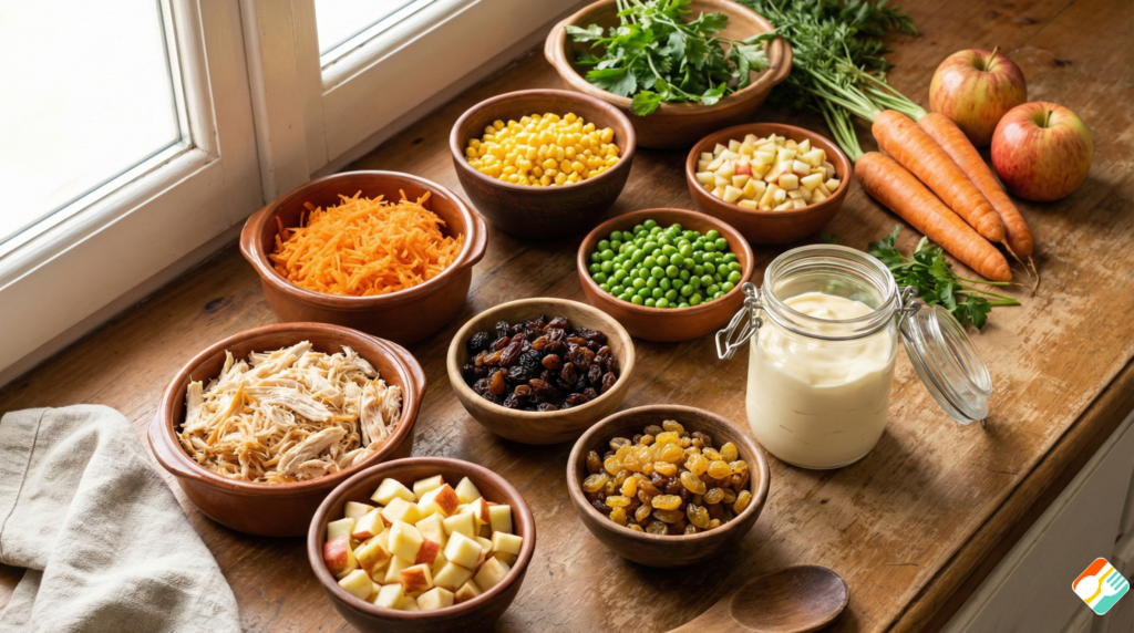 Ingredientes separados em tigelas para o preparo da receita de salpicão de frango tradicional para festas.