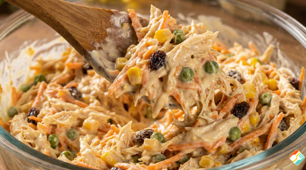 Close-up mostrando a mistura da maionese com os ingredientes da receita de salpicão de frango tradicional para festas.