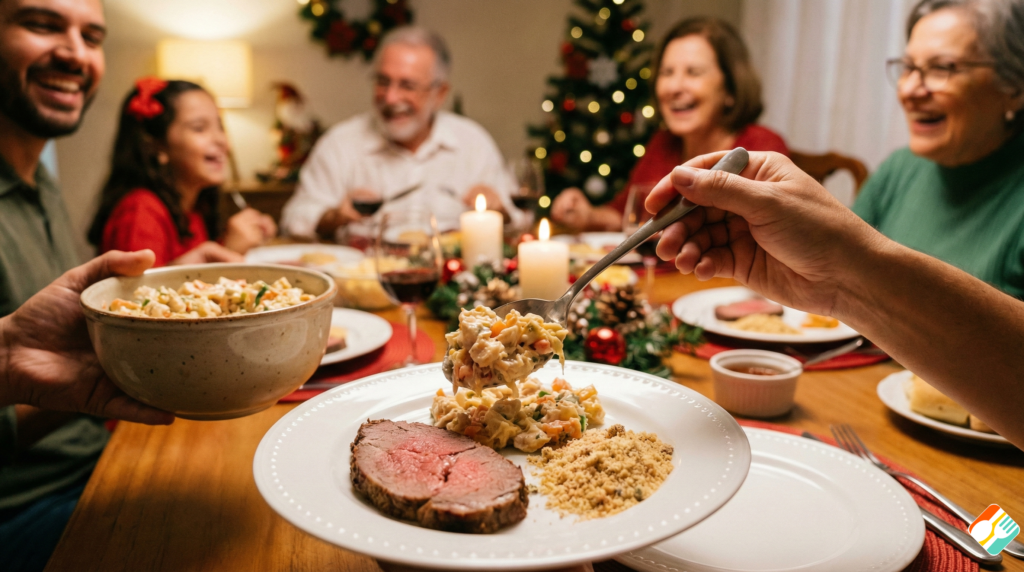 Pessoa servindo uma porção da receita de salpicão de frango tradicional para festas em um prato de jantar.