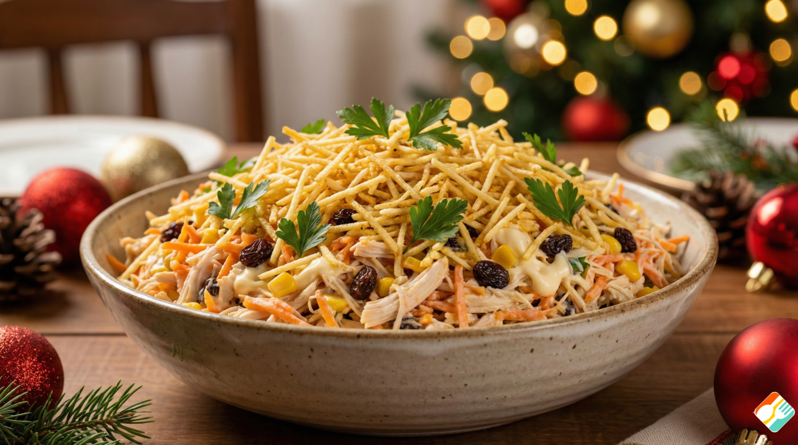 Foto em close de uma travessa com receita de salpicão de frango tradicional para festas coberto com batata palha.