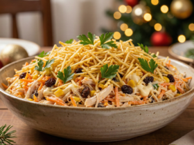 Foto em close de uma travessa com receita de salpicão de frango tradicional para festas coberto com batata palha.