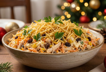 Foto em close de uma travessa com receita de salpicão de frango tradicional para festas coberto com batata palha.